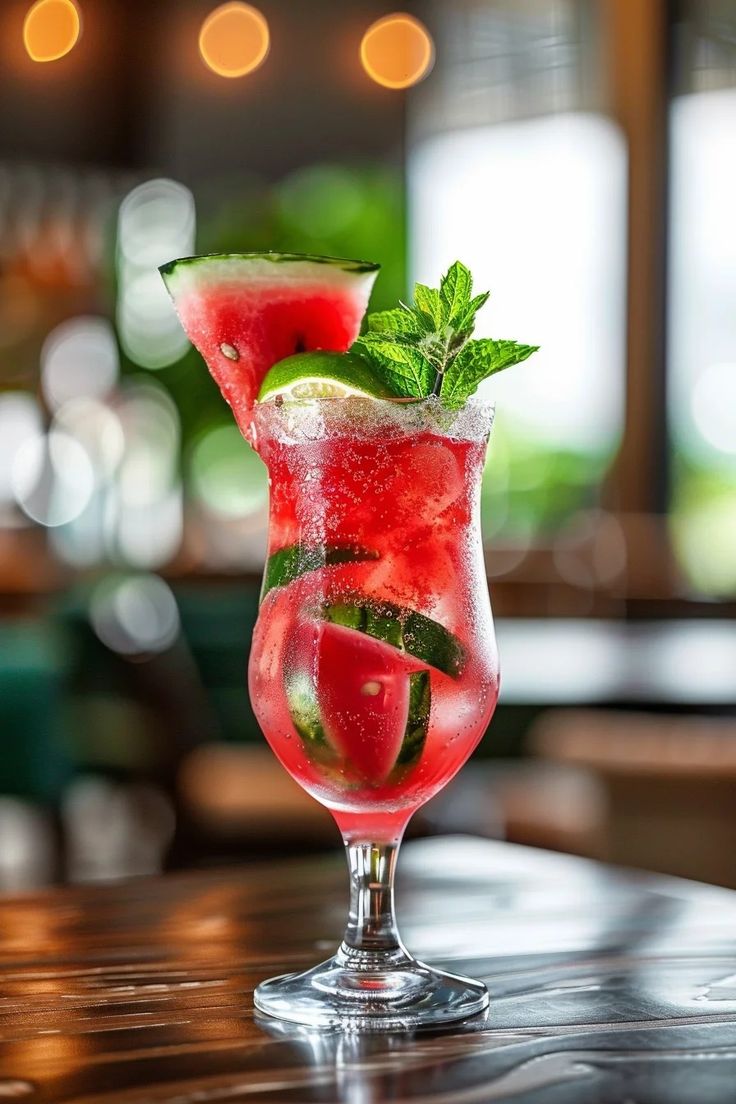 a watermelon drink with mint and lime in a glass on a bar top