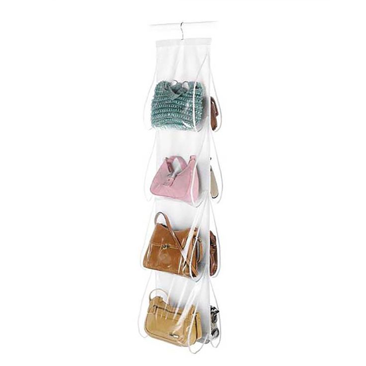 a rack with several purses hanging from it's sides on a white wall