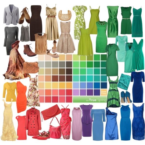 an assortment of different colored dresses and shoes with the color wheel showing them all colors