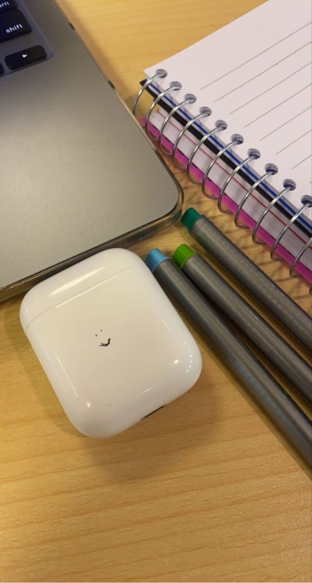 an apple computer sitting on top of a wooden desk next to notebooks and pencils