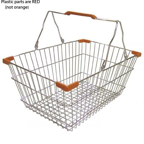 a wire basket with an orange handlebar on the bottom and two handles attached to it