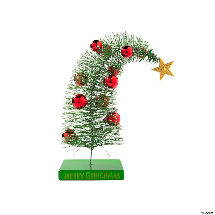 a small christmas tree with ornaments on it and a star hanging from the top, in front of a white background