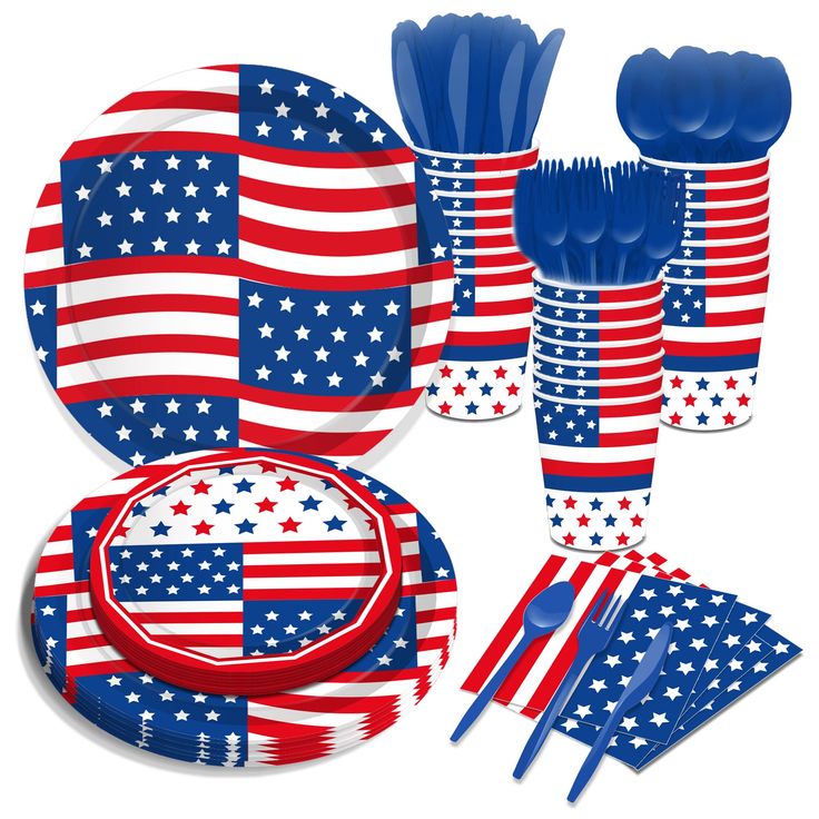 an american flag themed tableware set with red, white and blue decorations