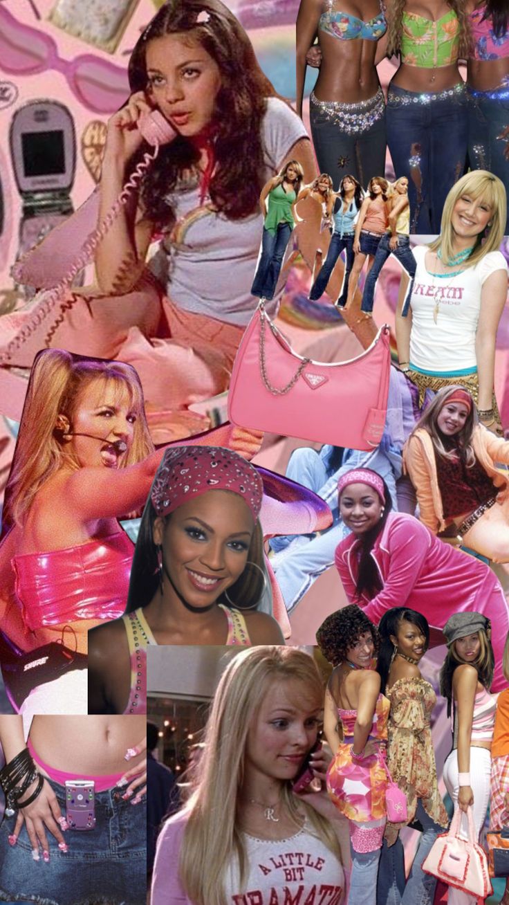 the collage shows many different images of women in pink outfits, including one with a cell phone