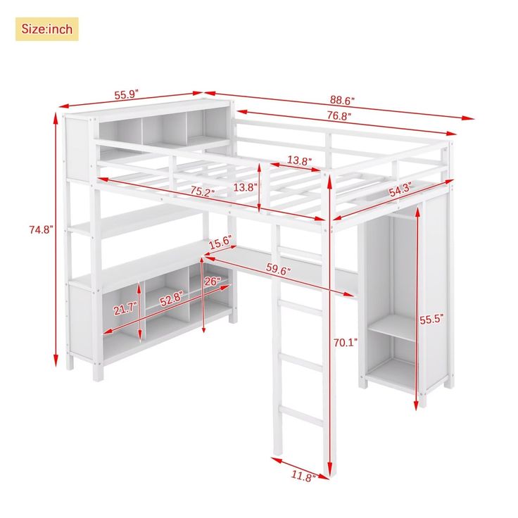 an image of a loft bed with shelves and ladders for the upper bunk area