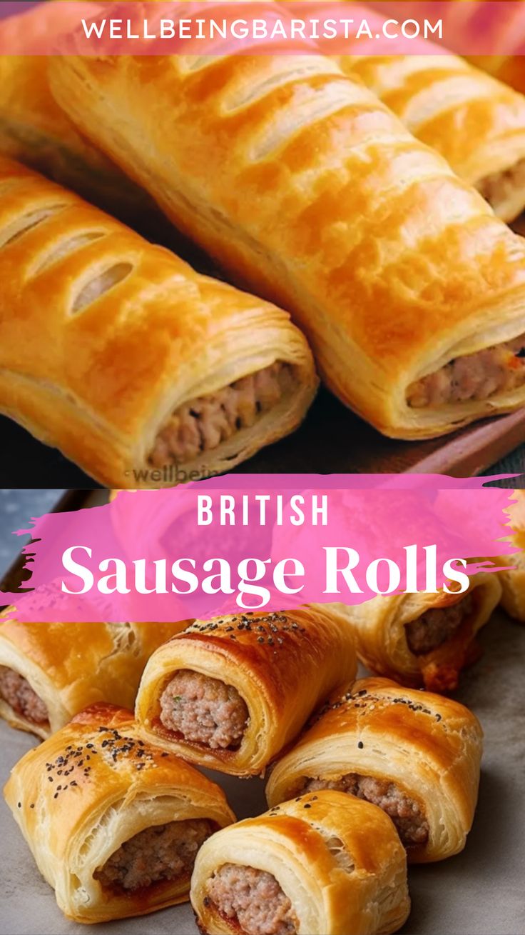 some sausage rolls are sitting on a pan and there is the words british sausage rolls