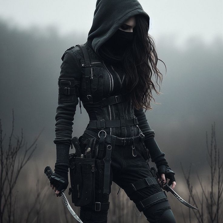 a woman dressed in black holding two swords and wearing a hoodie with her hands on her hips