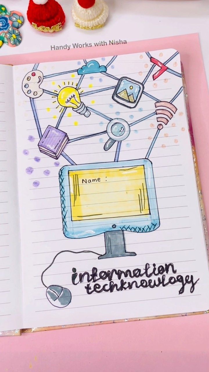 an open notebook with the words information technology written on it next to miniature toys and other items