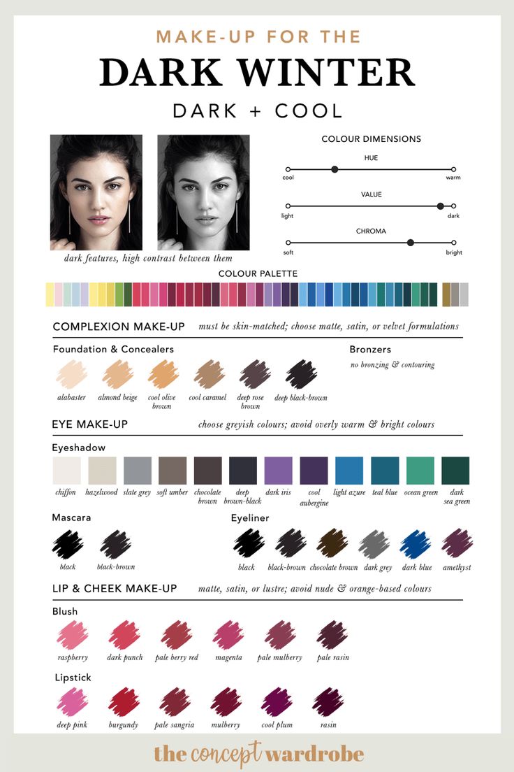 The Dark Winter Make-up Palette - the concept wardrobe Winter Season Makeup Color Palettes, Cool Dark Winter Color Palette, Nail Colors For Deep Winter, Makeup For Cool Winter Skin Tone, Cool Skin Tone Makeup Looks, Dark Winter Pallette, Make Up For Deep Winter, Winter Skin Tone Makeup, Deep Winter Makeup Colors