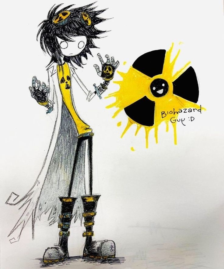 a drawing of a girl with black hair and yellow eyes standing in front of a radioactive sign