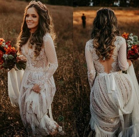 two pictures of a woman in a wedding dress walking through a field with her back to the camera