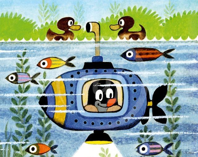 a painting of a submarine surrounded by fish