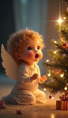 a little angel sitting next to a christmas tree