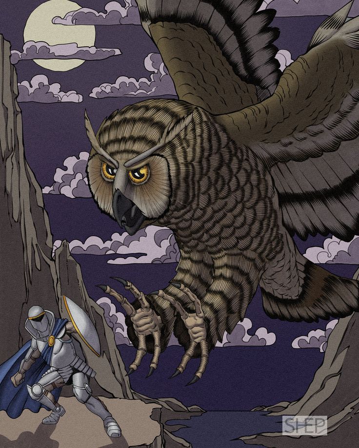 an owl flying over a knight on top of a hill next to a giant bird