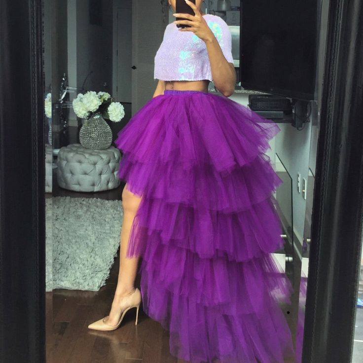 Used - Like New Ulle Skirt Worn Once Elastic Waist Boho Style Skirts, Short Sleeve Prom Dresses, Purple Clothing, Tiered Tulle Skirt, Prom Outfit, Doll Closet, Purple Prom, Afrikaanse Mode, Purple Prom Dress