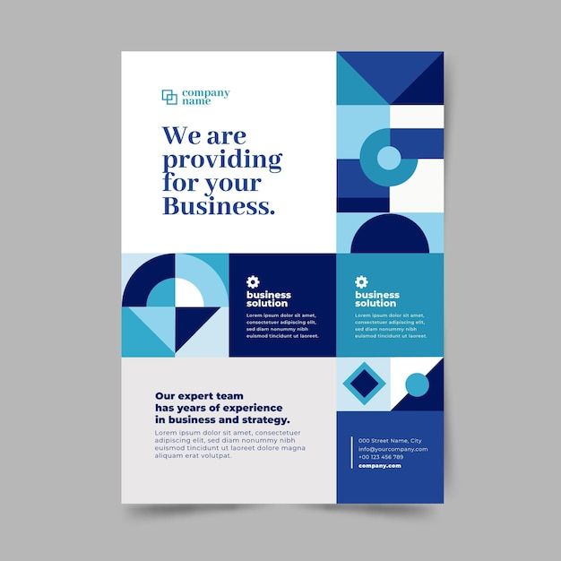 a blue and white brochure with geometric shapes