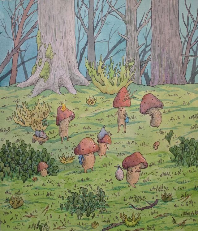 children's drawing of mushrooms in the woods