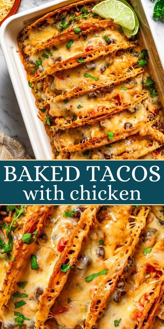 baked tacos with chicken in a casserole dish