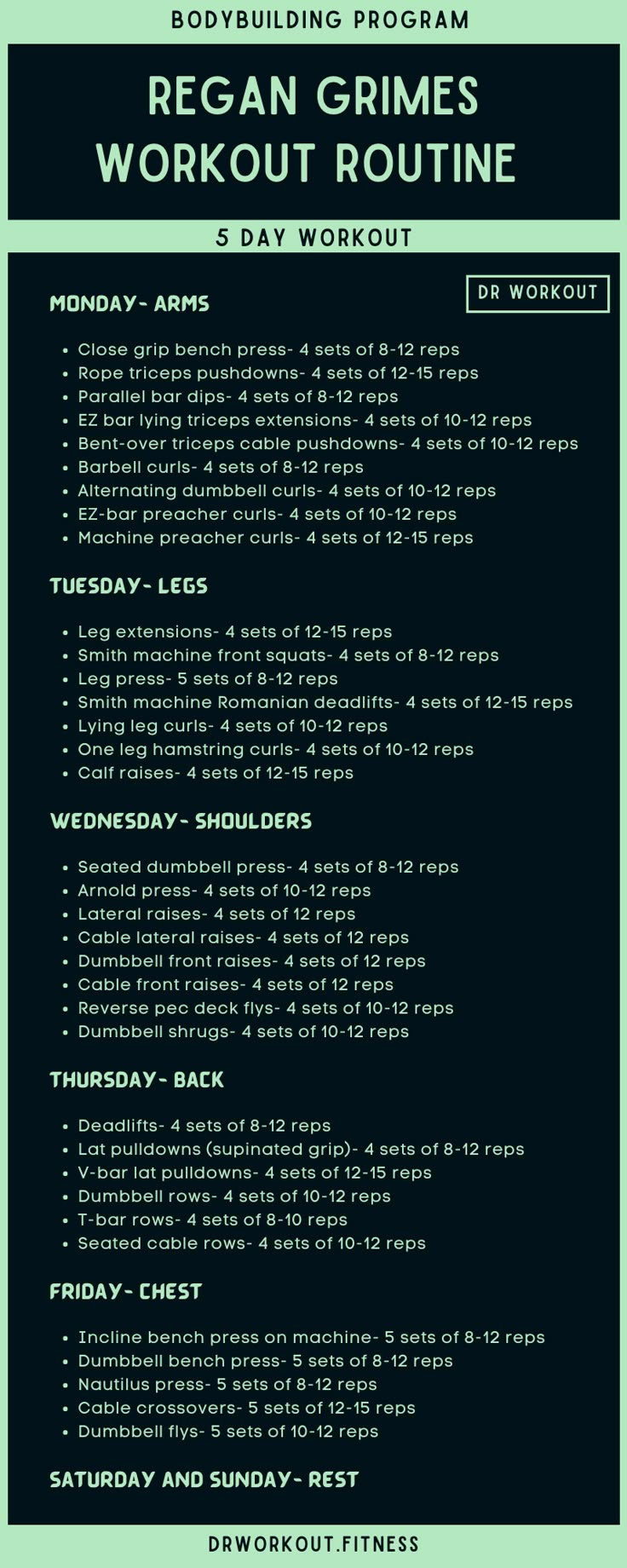 Regan Grimes’ Workout Routine Dr Workout, Regan Grimes, Split Workout, 5 Day Workouts, 7 Day Workout, Male Angels, Workout Program Gym, Bodyweight Training, Bodybuilding Program