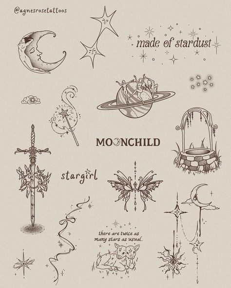 an old school tattoo design with the words moonchild and stars on it's back