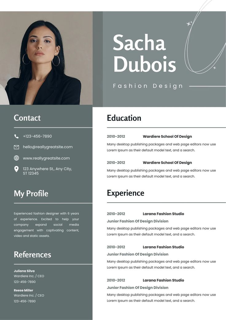 a professional resume template with an image of a woman in black and grey colors on the cover