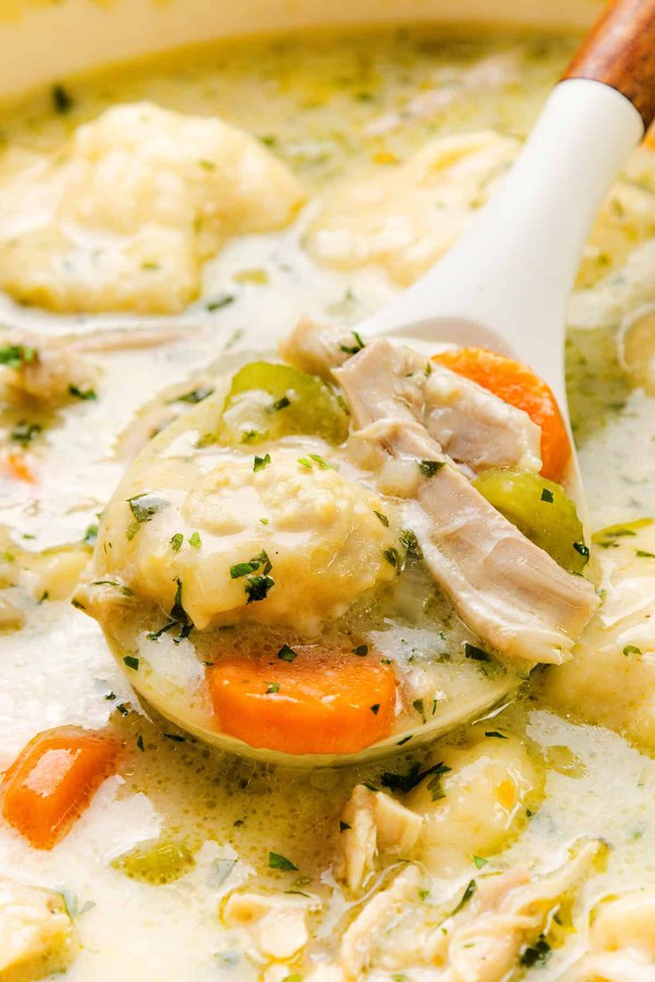 a ladle full of chicken and dumpling soup with carrots, celery, and cauliflower