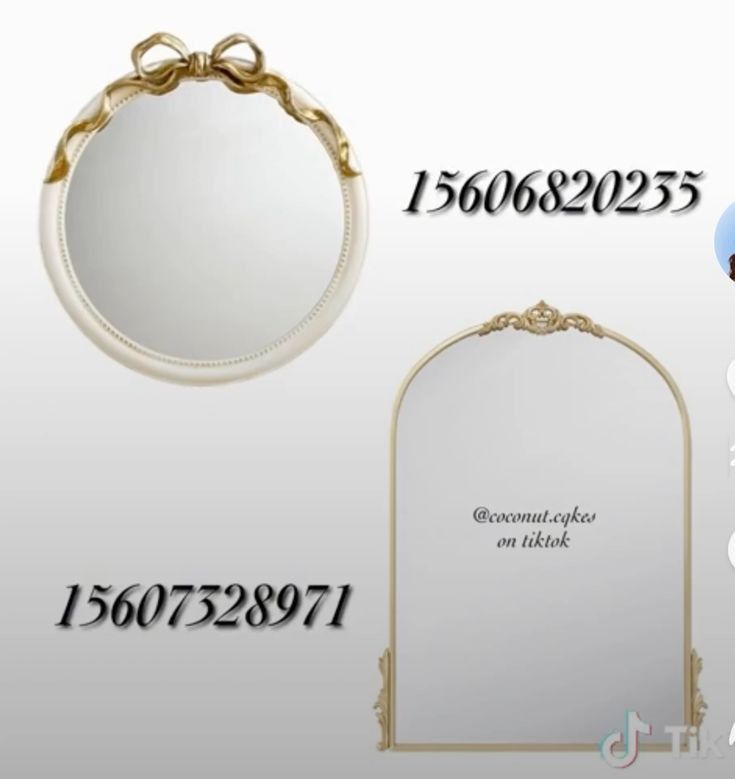 a white mirror sitting on top of a table next to a wall mounted mirror with an ornate frame