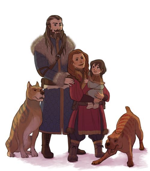 a man with long hair and beard holding two children standing in front of three dogs