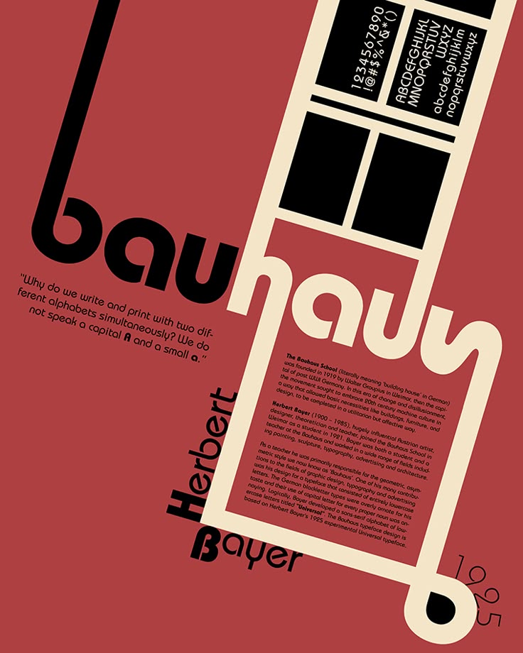 a poster with the words bau hau in black and white on a red background