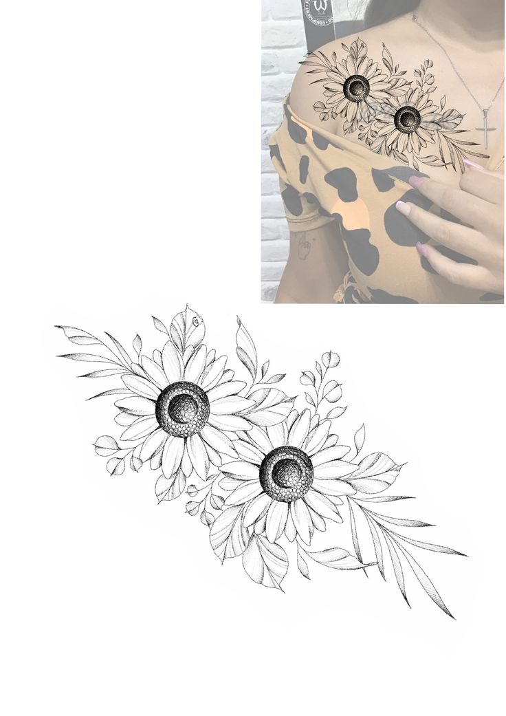 a drawing of two sunflowers on top of a woman's chest and the bottom