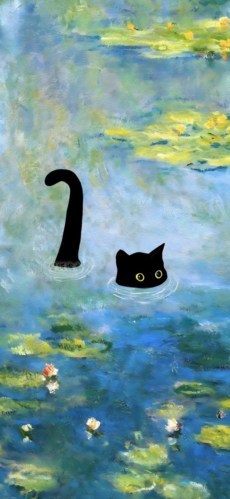 a painting of a black cat swimming in water with lily pads on the bottom and an upside down one