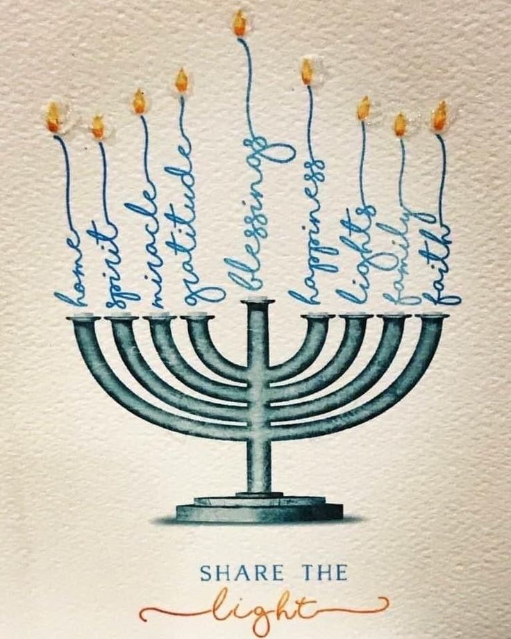 a lit menorah with the words share the light written all over it in blue ink