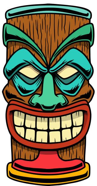 a tiki mask with big teeth and blue eyes, on a white background stock illustration