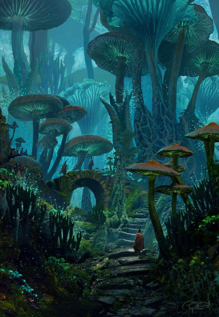 an artist's rendering of a man walking through a forest filled with giant mushrooms