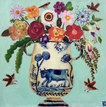 a painting of a vase with flowers and birds on the side, in front of a blue background