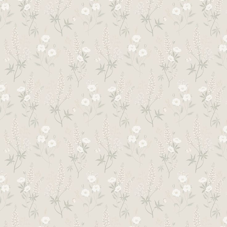 a wallpaper with white flowers and green leaves on the side, against a light gray background