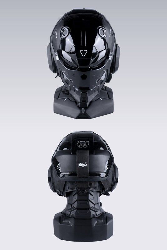 two views of the front and back of a helmet on a white background, one is black