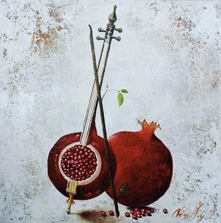 two pomegranates and a cross on a white background with rusted edges