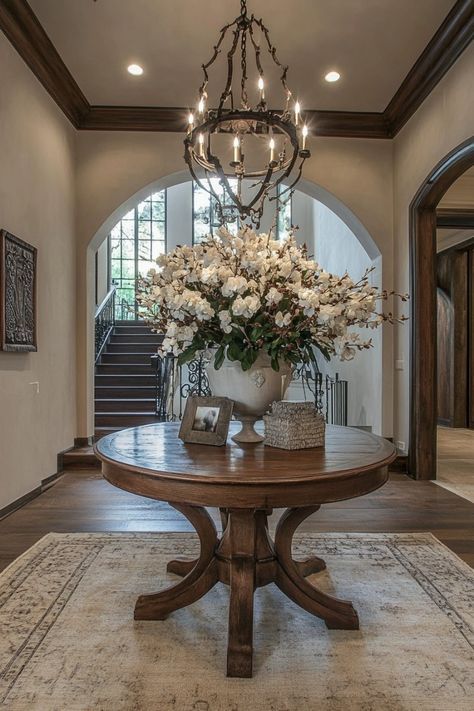 a vase with flowers on top of a wooden table in a large room next to stairs