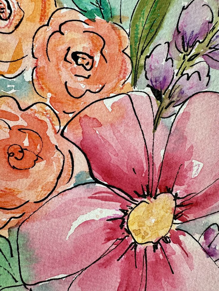 watercolor painting of pink and orange flowers