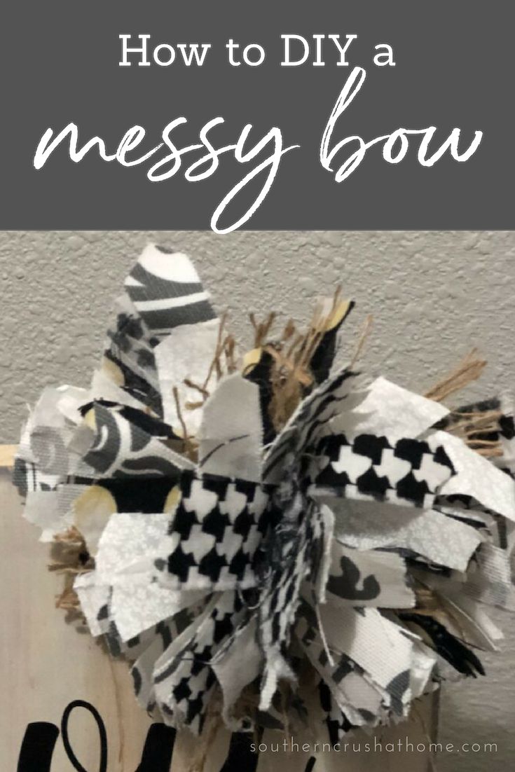 a wooden box filled with black and white tissue paper, the words how to diy a messy bow