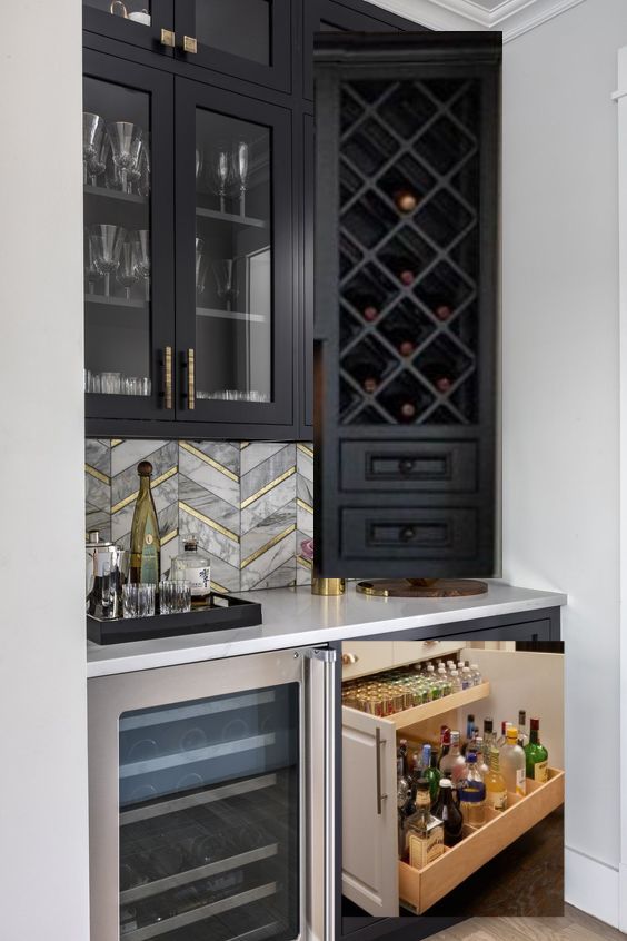 a wine rack in the corner of a kitchen