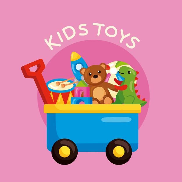 a teddy bear in a toy wagon with toys on the back and words kids toys above it