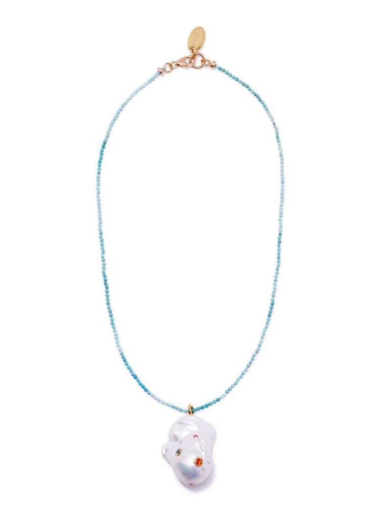 The sky's the limit! We continue to be captivated by oversized freshwater pearls whose natural shapes call to mind big, beautiful clouds. Our pearls are inlaid with emerald, pink rhodolite, and citrine semi precious stones and strung on a necklace of shaded turquoise beads. Details: 16" Gold-plated brass, turquoise, fr Big Stone Necklace, Luxury Turquoise Gemstone Beaded Necklace, Luxury Turquoise Necklace With Colorful Beads, Luxury Turquoise Necklace With Polished Beads, Ocean-inspired Turquoise Necklace With Natural Stones, Lizzie Fortunato Necklace, Beautiful Clouds, Lizzie Fortunato, Citrine Beads