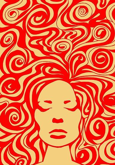 a red and yellow poster with an image of a woman's face on it