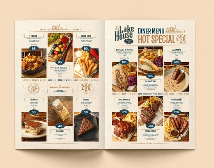 an open menu for a restaurant with pictures of different food items on the front and back