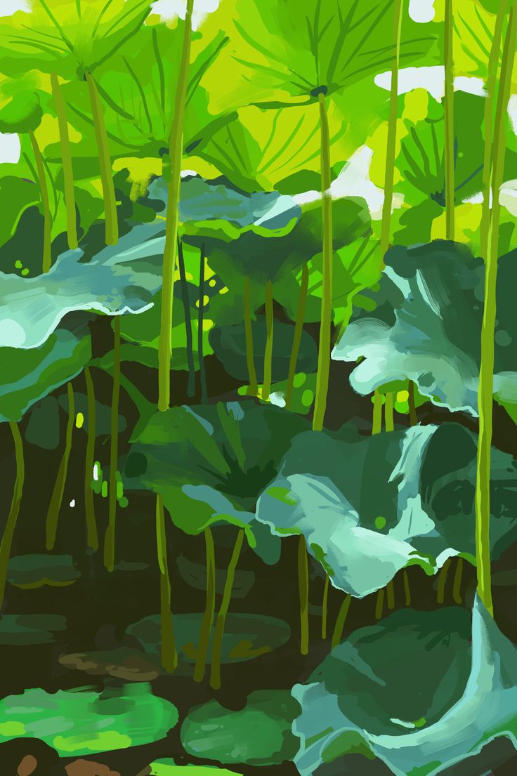 a painting of water lilies in the woods