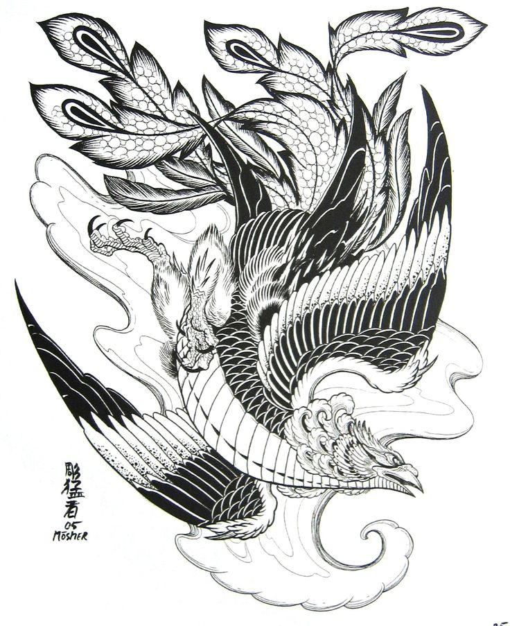 a black and white drawing of a dragon flying through the air with its wings spread out