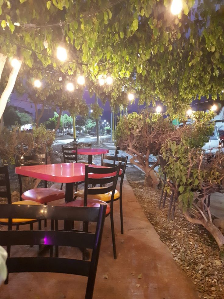 tables and chairs are lined up under the trees at an outdoor restaurant with lights strung over them