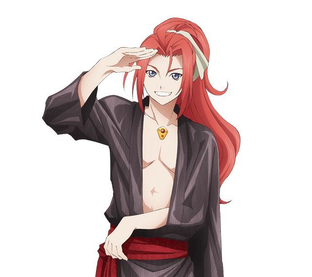 an anime character with long red hair wearing a robe and holding his hand on his head